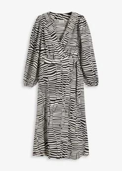 bonprix Bekleidung·Pullover & Strickjacken|Kleider^Wickelkleid schwarz/weiß graphisch bedruckt