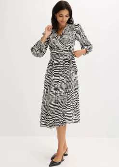 bonprix Bekleidung·Pullover & Strickjacken|Kleider^Wickelkleid schwarz/weiß graphisch bedruckt