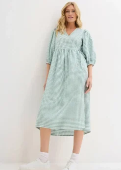 bonprix Kleider|Bekleidung·Pullover & Strickjacken^Wickelkleid aus Strukturmaterial rauchsalbei/wollweiß kariert