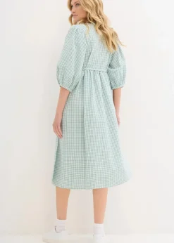 bonprix Kleider|Bekleidung·Pullover & Strickjacken^Wickelkleid aus Strukturmaterial rauchsalbei/wollweiß kariert