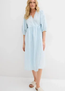 bonprix Bekleidung·Pullover & Strickjacken|Kleider^Wickelkleid aus Strukturmaterial eisblau/wollweiß kariert