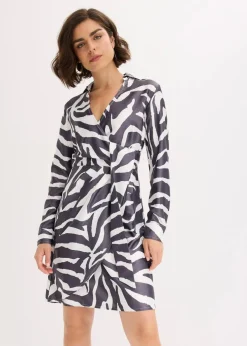 bonprix Bekleidung·Pullover & Strickjacken|Kleider^Wickelkleid aus fließendem Satin wollweiß/anthrazit bedruckt
