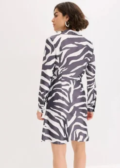 bonprix Bekleidung·Pullover & Strickjacken|Kleider^Wickelkleid aus fließendem Satin wollweiß/anthrazit bedruckt