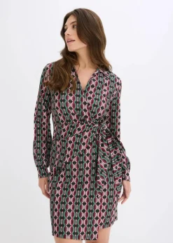 bonprix Bekleidung·Pullover & Strickjacken|Kleider^Wickelkleid aus strukturiertem Jersey schwarz/bordeaux/grün bedruckt