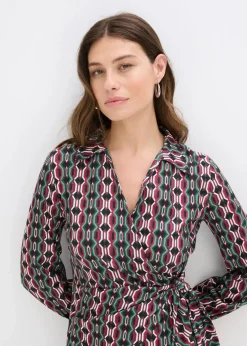 bonprix Bekleidung·Pullover & Strickjacken|Kleider^Wickelkleid aus strukturiertem Jersey schwarz/bordeaux/grün bedruckt