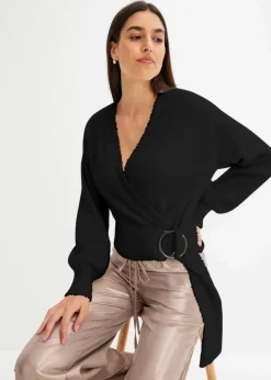 bonprix Bekleidung·Umstandsmode|Strickmode^Wickelpullover mit Accessoire schwarz
