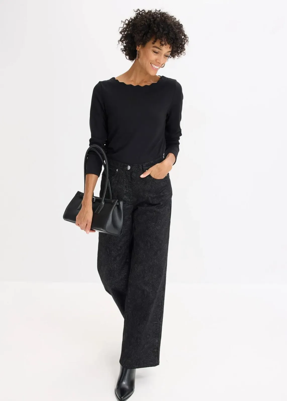 bonprix Bekleidung·Kleider|Hosen^Wide Leg Hose aus Baumwollstretch schwarz/rauchgrau paisley