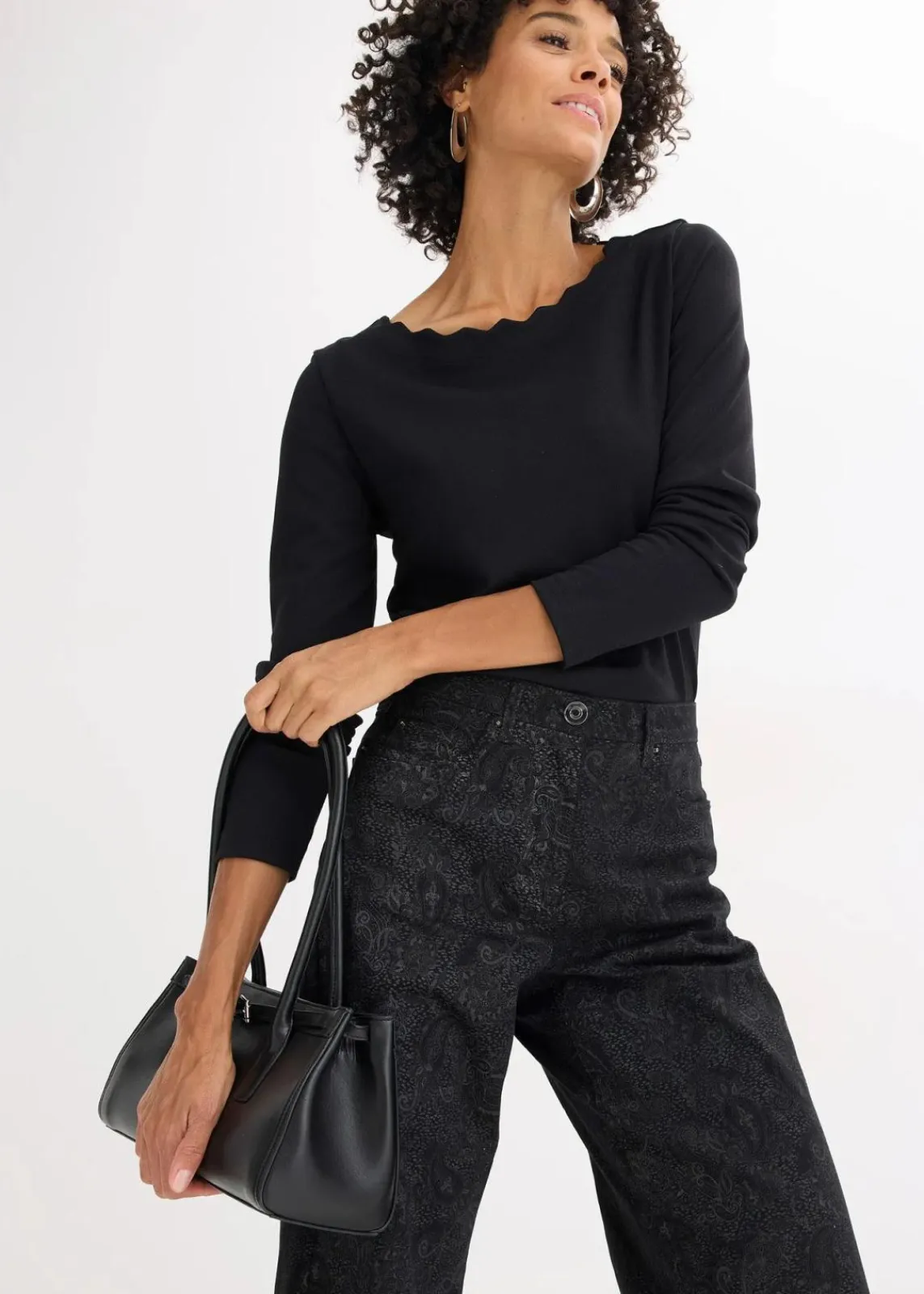 bonprix Bekleidung·Kleider|Hosen^Wide Leg Hose aus Baumwollstretch schwarz/rauchgrau paisley
