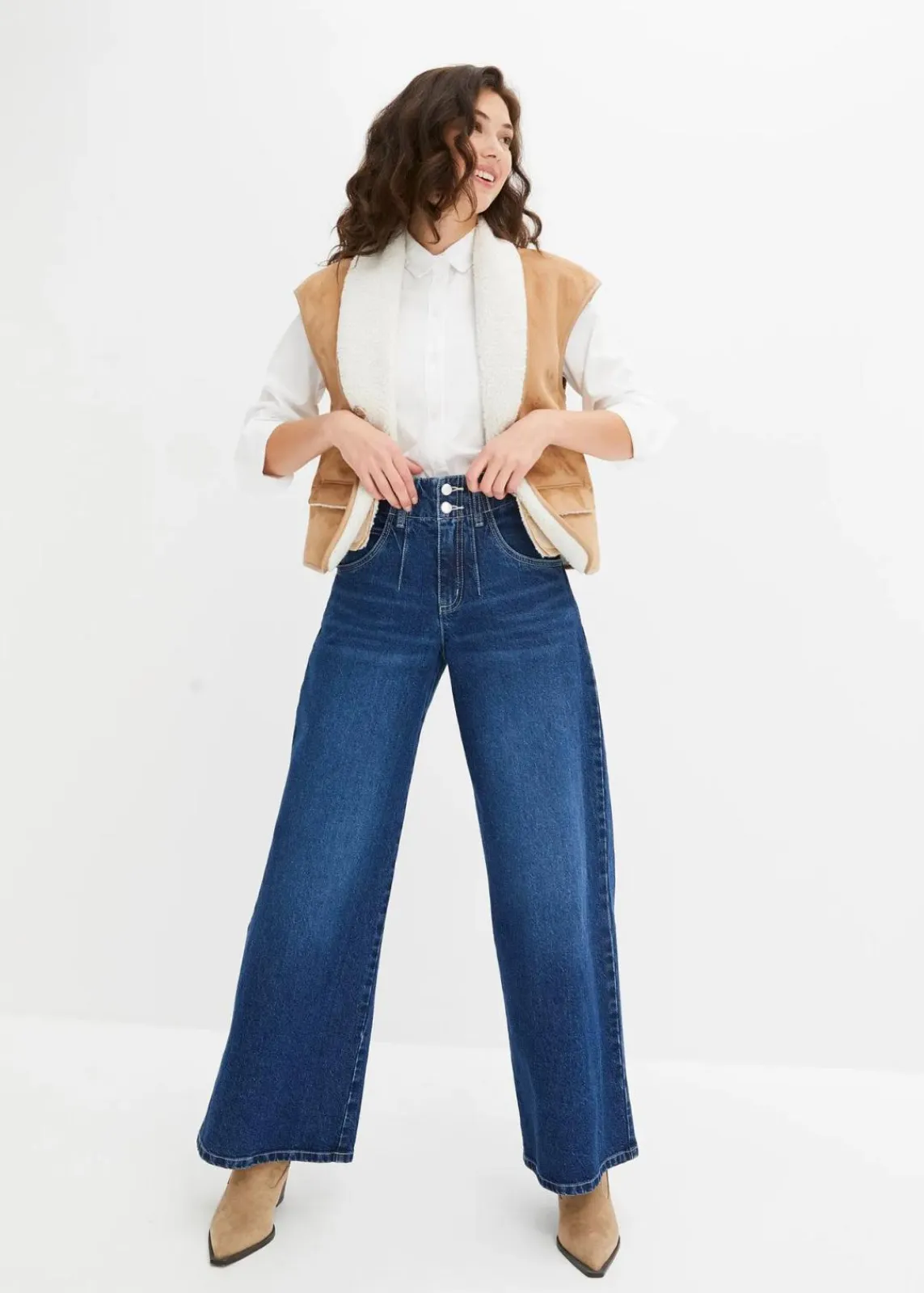 bonprix Kurzgrößen|Bekleidung·Shirts & Tops^Wide Leg Jeans High Waist dunkelblau denim used