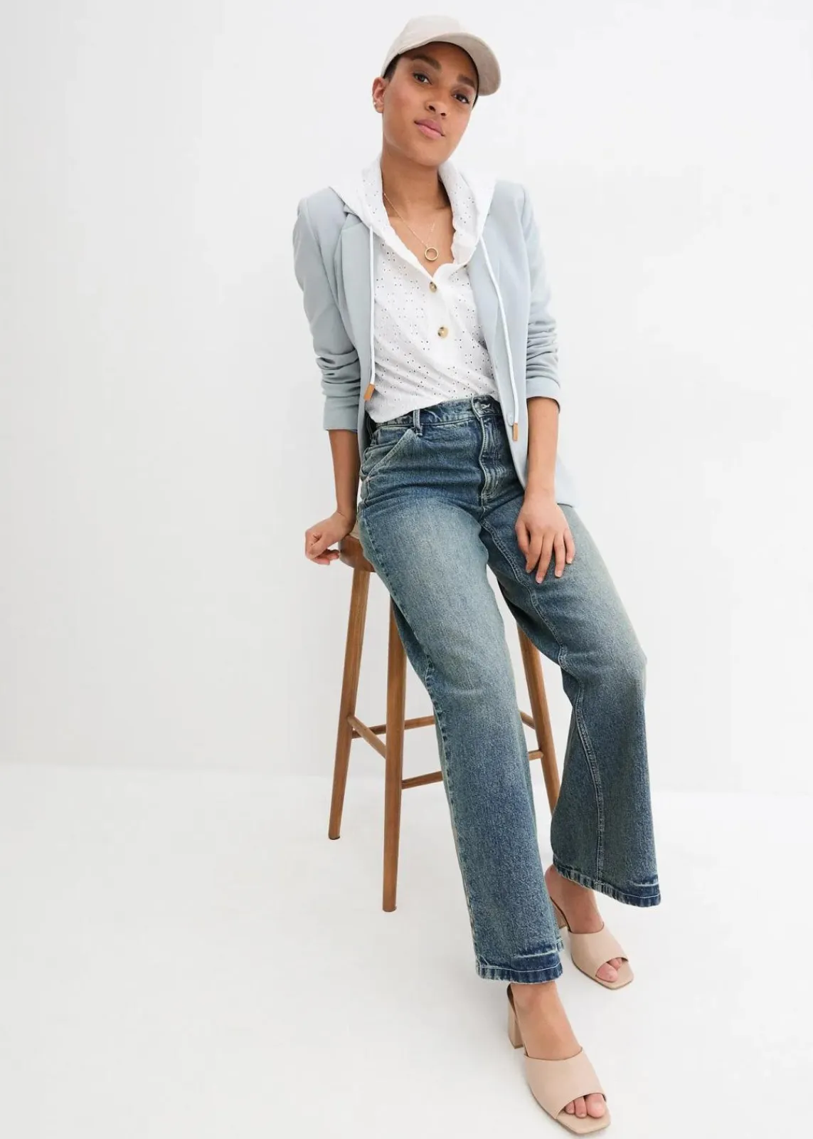bonprix Bekleidung·Shirts & Tops|Jeans^Wide Leg Jeans High Waist, Low Stretch blau denim used