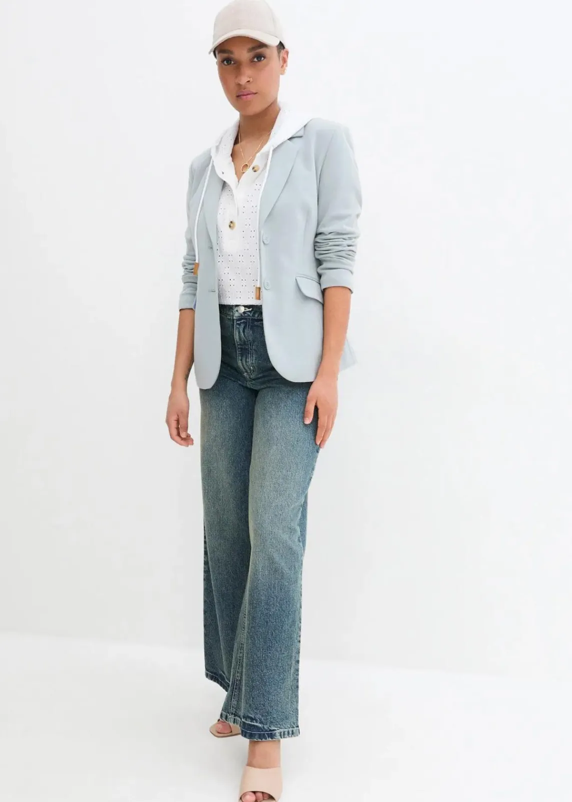 bonprix Bekleidung·Shirts & Tops|Jeans^Wide Leg Jeans High Waist, Low Stretch blau denim used