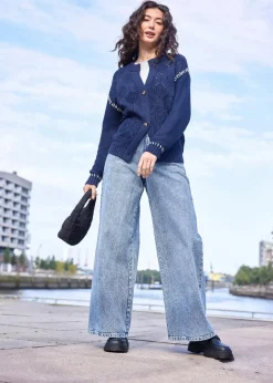 bonprix Jeans|Kurzgrößen^Wide Leg Jeans High Waist eisblau denim used