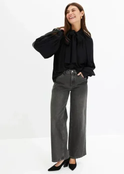 bonprix Jeans|Bekleidung·Shirts & Tops^Wide Leg Jeans Mid Waist grau denim used