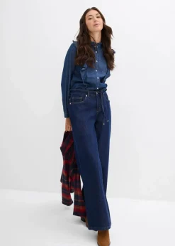 bonprix Bekleidung·Shirts & Tops|Jeans^Wide Leg Jeans Mid Waist tiefblau denim ungewaschen