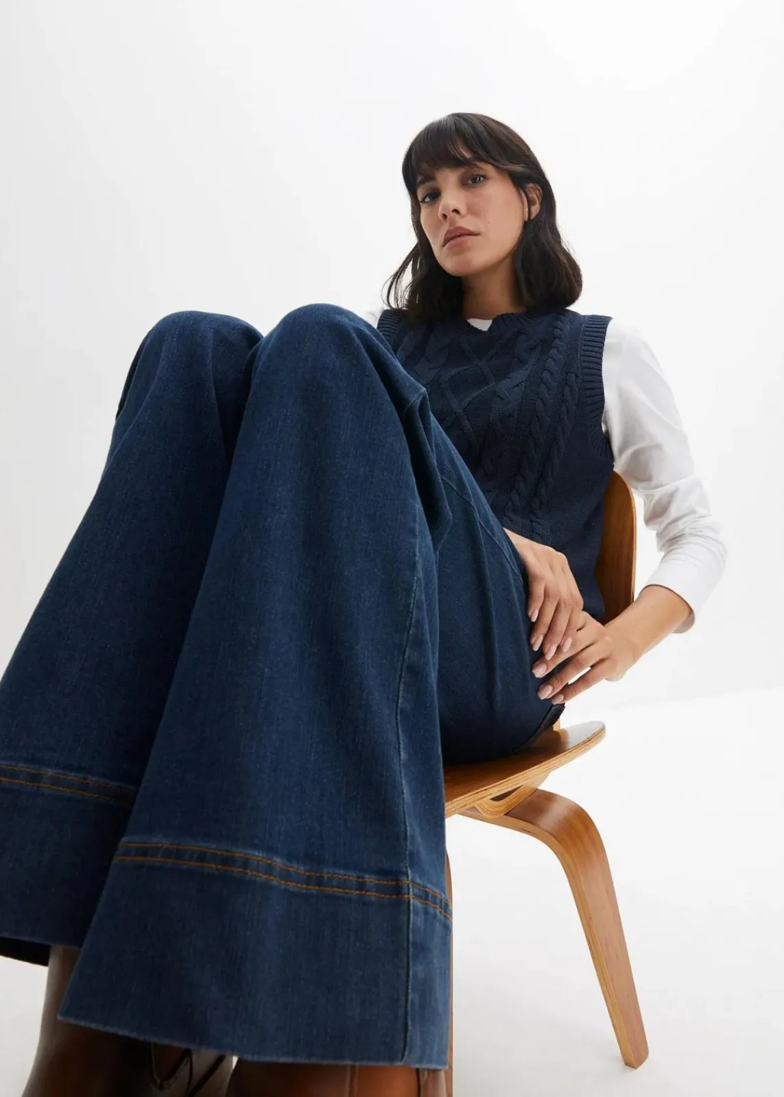 bonprix Kurzgrößen|Bekleidung·Shirts & Tops^Wide- Leg Jeans Mid Waist, Komfort-Stretch nachtblau denim