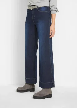 bonprix Kurzgrößen|Bekleidung·Shirts & Tops^Wide Leg Jeans Mid Waist, Stretch dunkelblau denim used