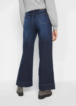 bonprix Kurzgrößen|Bekleidung·Shirts & Tops^Wide Leg Jeans Mid Waist, Stretch dunkelblau denim used