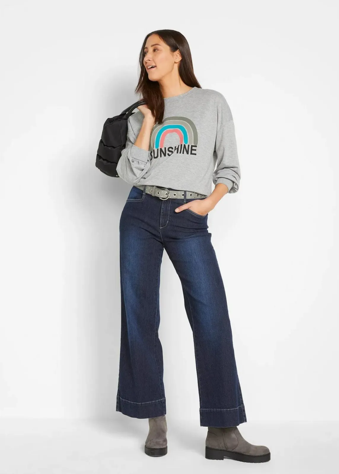 bonprix Kurzgrößen|Bekleidung·Shirts & Tops^Wide Leg Jeans Mid Waist, Stretch dunkelblau denim used