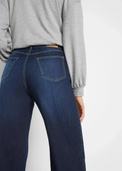 bonprix Kurzgrößen|Bekleidung·Shirts & Tops^Wide Leg Jeans Mid Waist, Stretch dunkelblau denim used