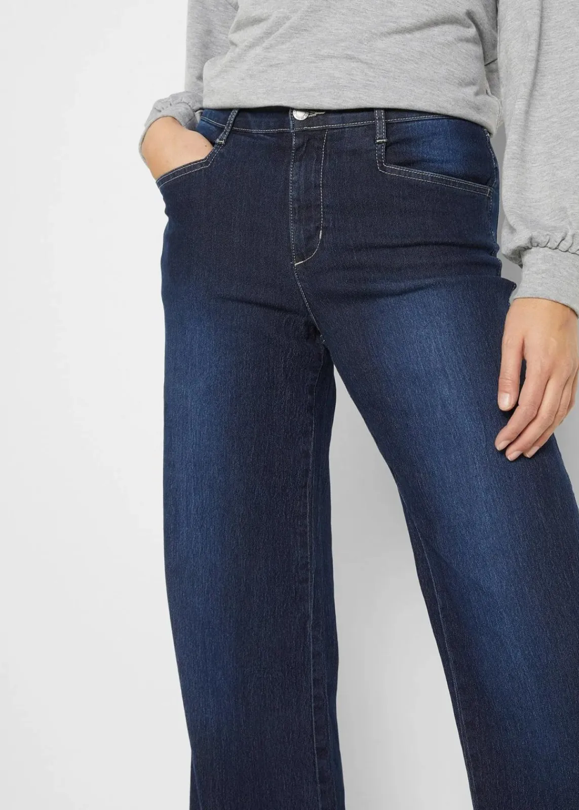 bonprix Kurzgrößen|Bekleidung·Shirts & Tops^Wide Leg Jeans Mid Waist, Stretch dunkelblau denim used