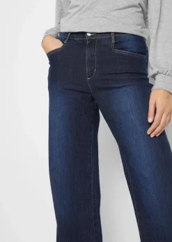 bonprix Jeans|Kurzgrößen^Wide Leg Jeans Mid Waist, Stretch dunkelblau denim used