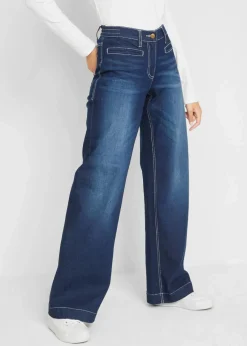 bonprix Jeans|Bekleidung·Shirts & Tops^Wide Leg Jeans Mid Waist, Bequembund blau denim used