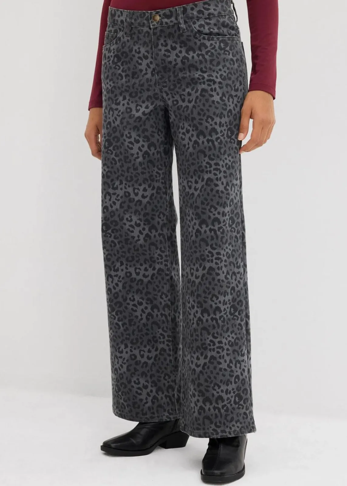 bonprix Bekleidung·Kleider|Hosen^Wide Leg Twillhose mit Leodruck rauchgrau leo bedruckt