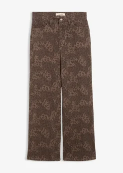 bonprix Hosen|Bekleidung·Kleider^Wide Leg Twillhose mit Leodruck dunkelbraun leo bedruckt, washed