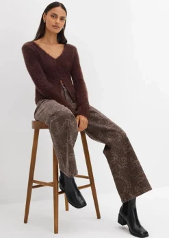 bonprix Hosen|Bekleidung·Kleider^Wide Leg Twillhose mit Leodruck dunkelbraun leo bedruckt, washed