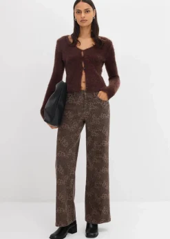 bonprix Hosen|Bekleidung·Kleider^Wide Leg Twillhose mit Leodruck dunkelbraun leo bedruckt, washed