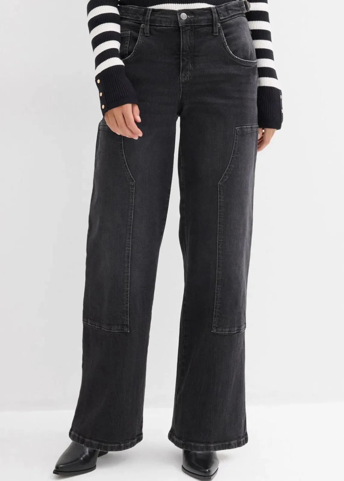 bonprix Kurzgrößen|Bekleidung·Shirts & Tops^Wide-Leg Jeans Mid Waist dunkelgrau denim used