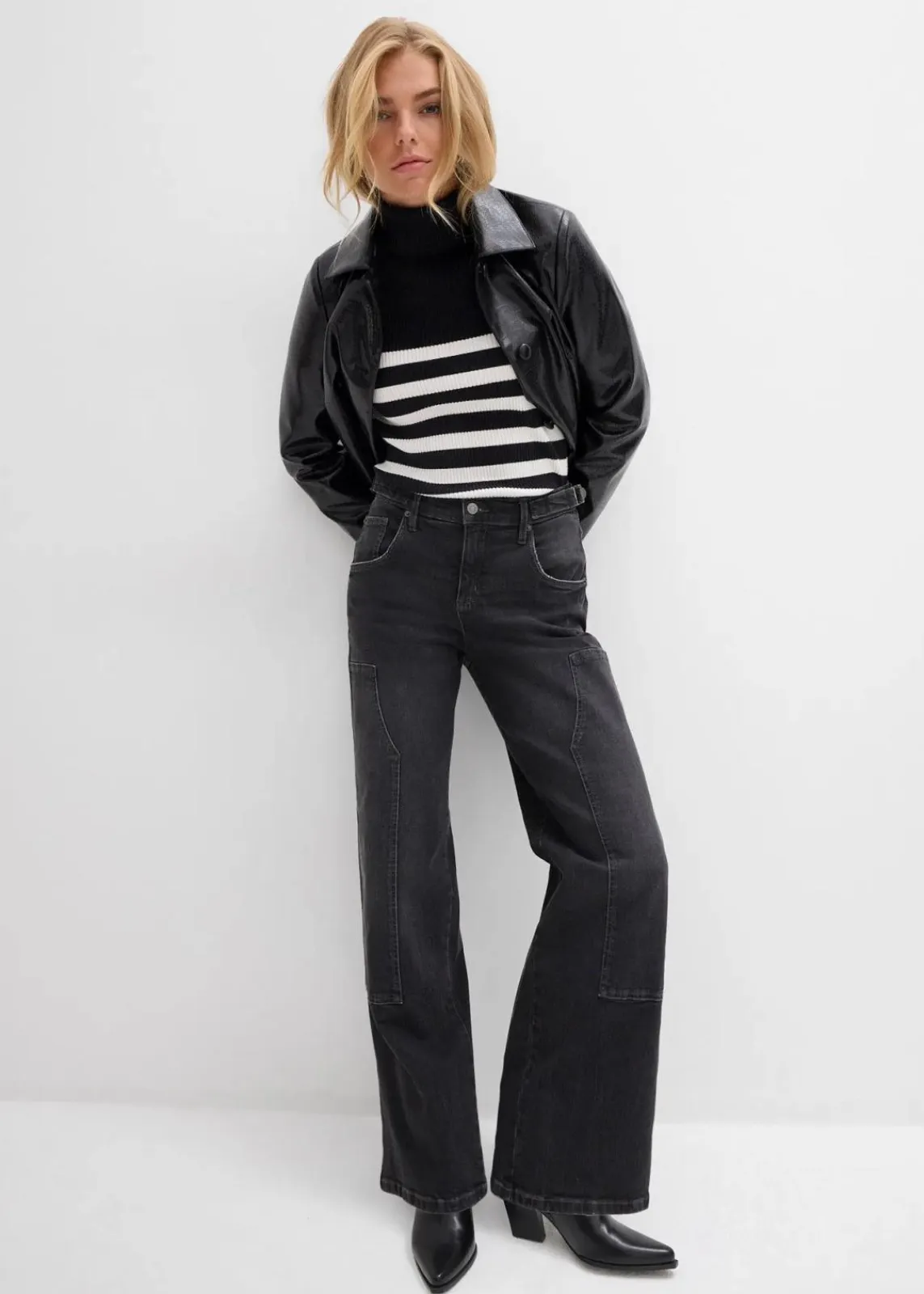 bonprix Kurzgrößen|Bekleidung·Shirts & Tops^Wide-Leg Jeans Mid Waist dunkelgrau denim used