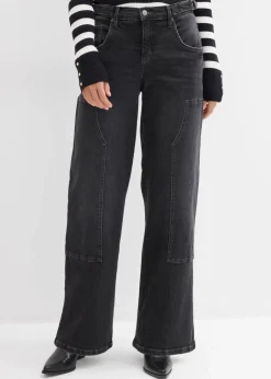 bonprix Jeans|Kurzgrößen^Wide-Leg Jeans Mid Waist dunkelgrau denim used