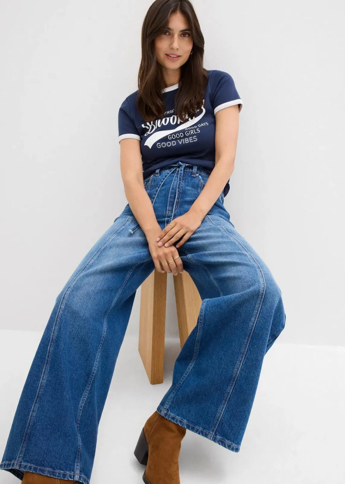 bonprix Bekleidung·Shirts & Tops|Jeans^Wide-Leg-Jeans High Waist blau denim used