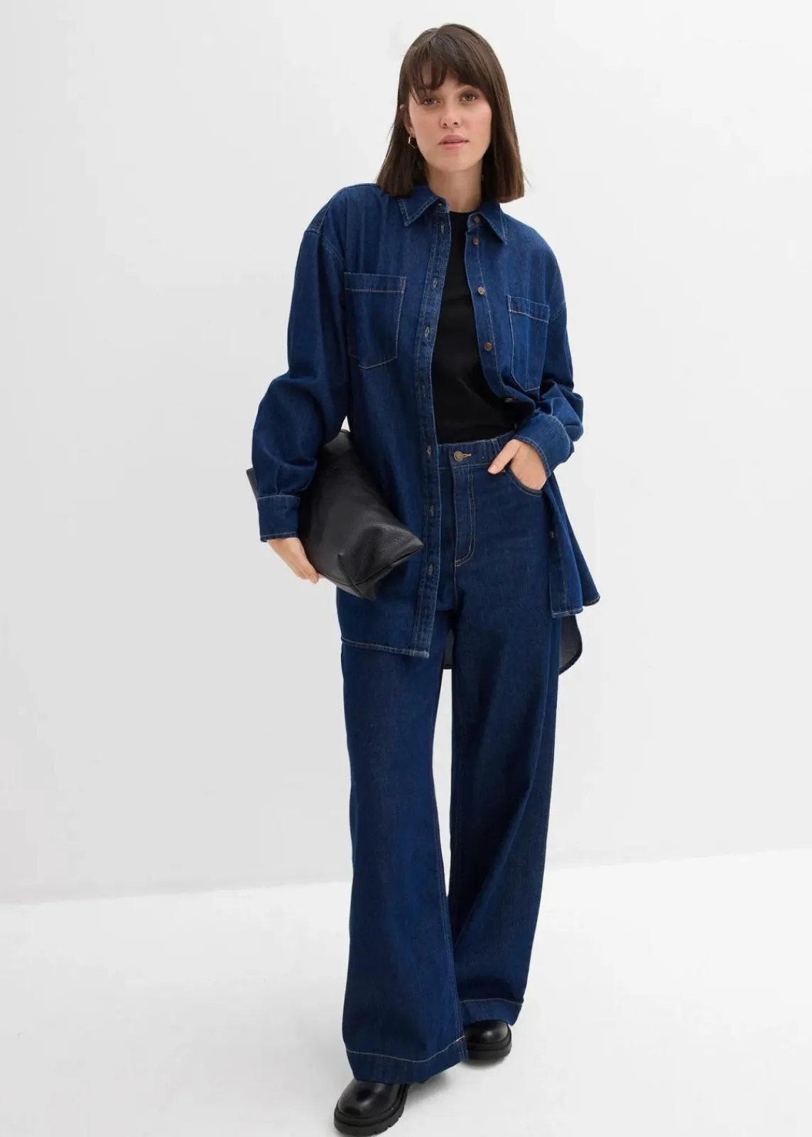 bonprix Kurzgrößen|Bekleidung·Shirts & Tops^Wide-Leg-Jeans High Waist tiefblau denim ungewaschen