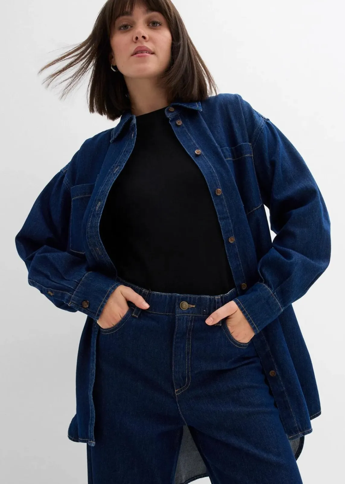 bonprix Kurzgrößen|Bekleidung·Shirts & Tops^Wide-Leg-Jeans High Waist tiefblau denim ungewaschen