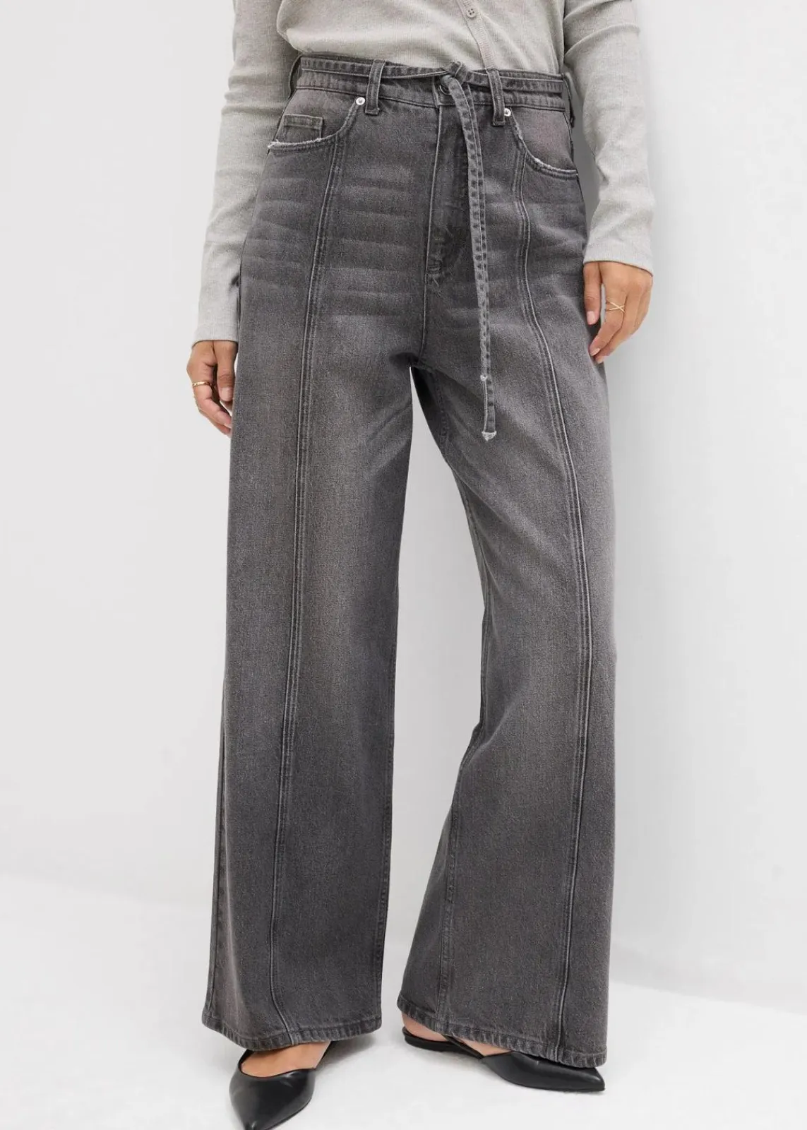bonprix Jeans|Bekleidung·Shirts & Tops^Wide-Leg-Jeans High Waist grau denim used