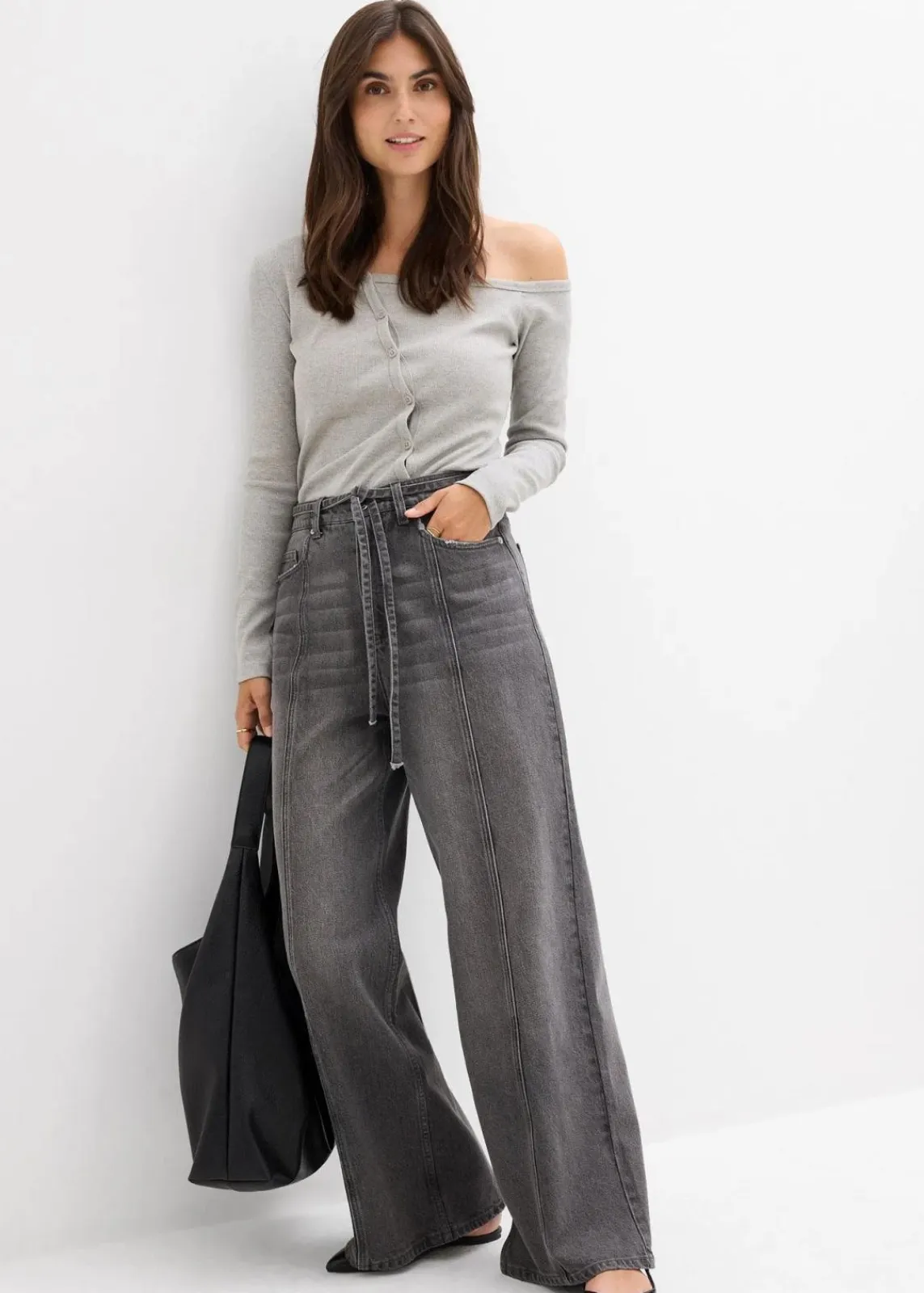 bonprix Jeans|Bekleidung·Shirts & Tops^Wide-Leg-Jeans High Waist grau denim used