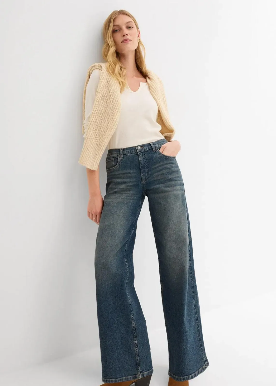 bonprix Kurzgrößen|Jeans^Wide-Leg-Jeans, High Waist blau denim used