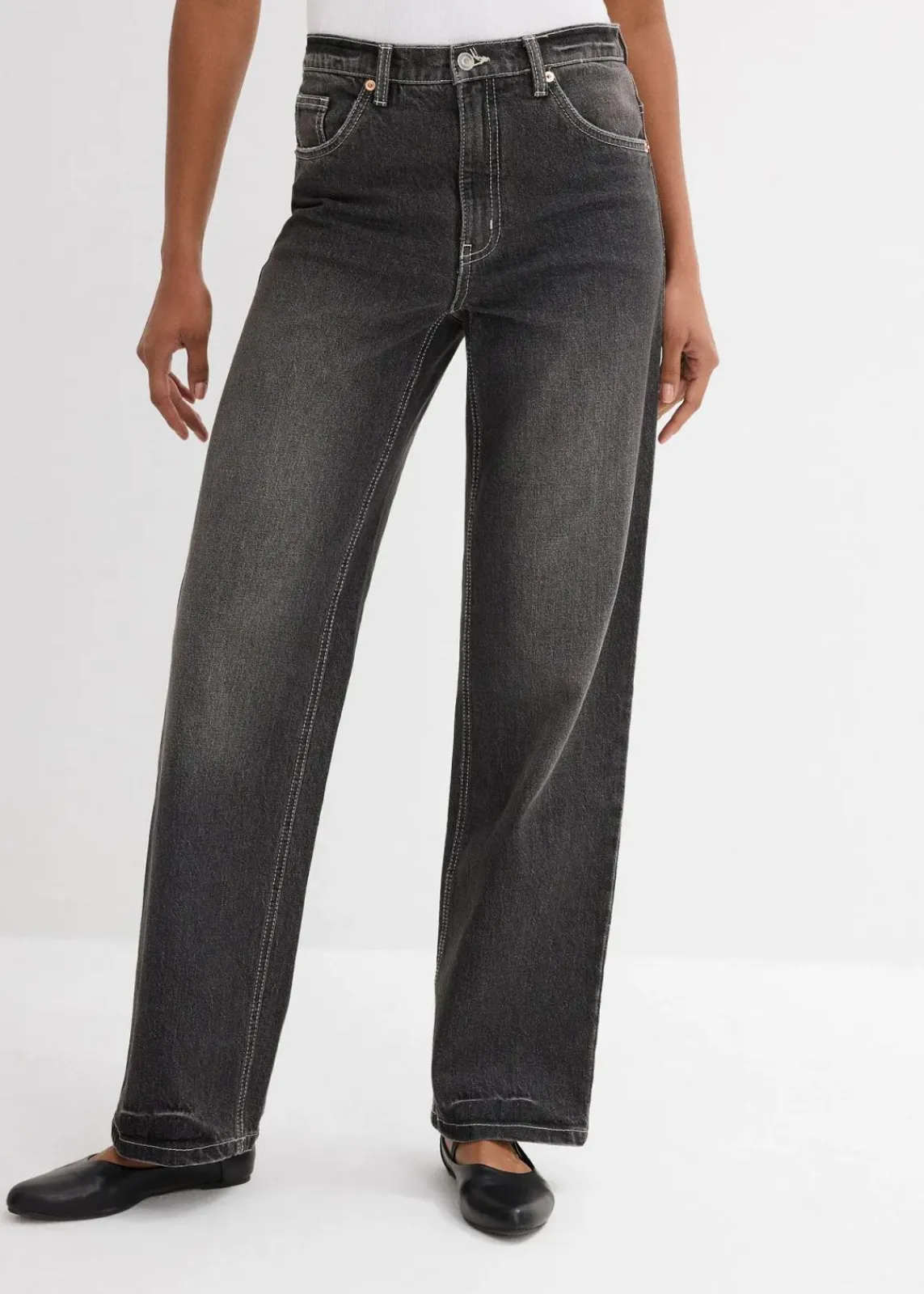 bonprix Jeans|Bekleidung·Shirts & Tops^Wide-Leg-Jeans High Waist schwarz denim used