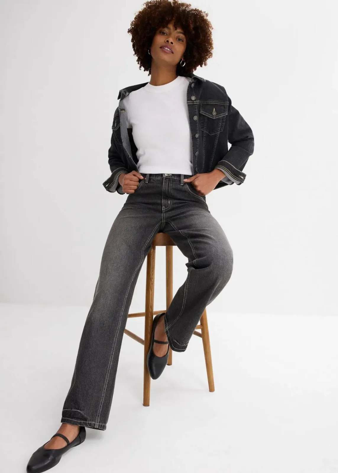 bonprix Jeans|Bekleidung·Shirts & Tops^Wide-Leg-Jeans High Waist schwarz denim used