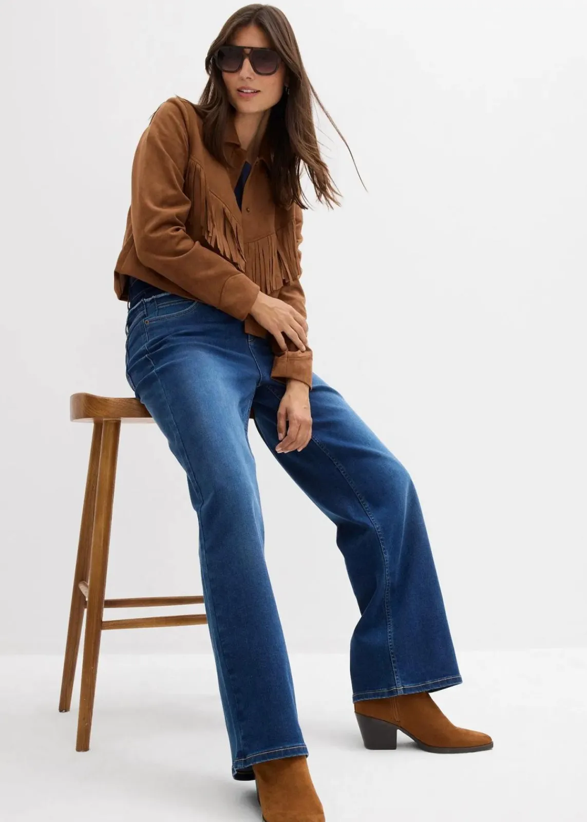 bonprix Jeans|Bekleidung·Shirts & Tops^Wide-Leg-Jeans High Waist dunkelblau denim used