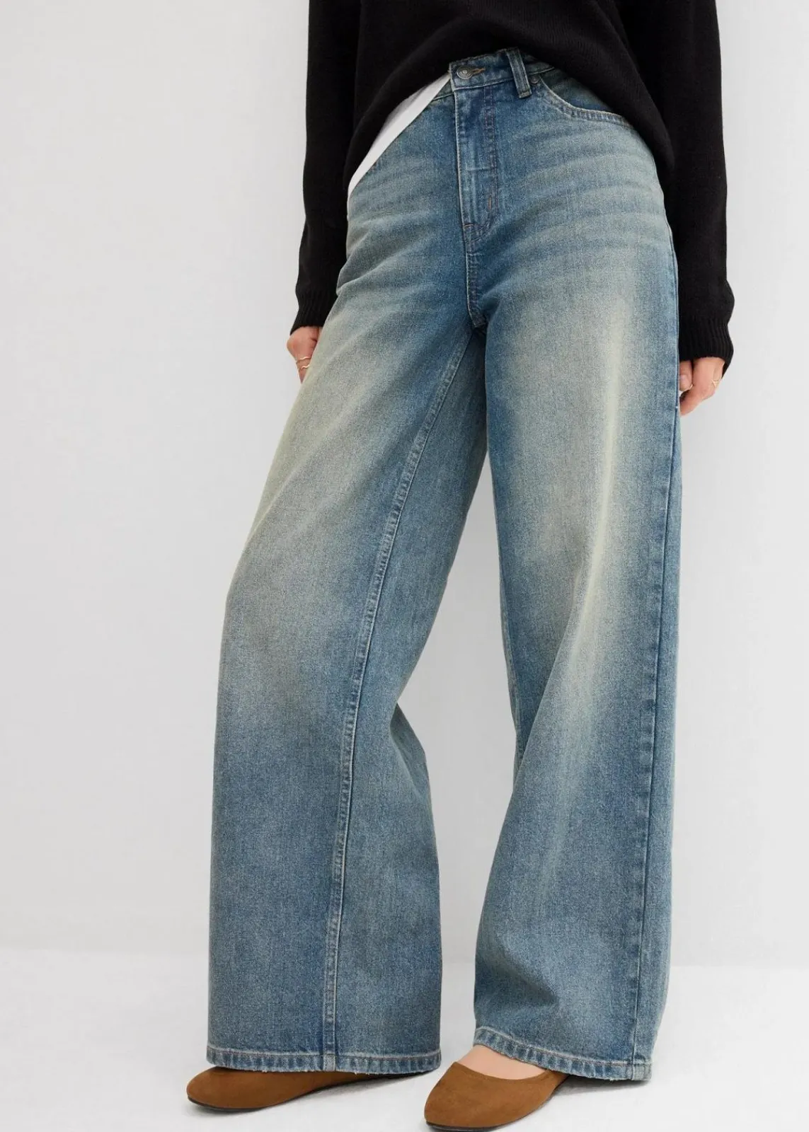 bonprix Jeans|Bekleidung·Shirts & Tops^Wide-Leg-Jeans High Waist hellblau denim used