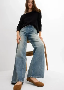 bonprix Jeans|Bekleidung·Shirts & Tops^Wide-Leg-Jeans High Waist hellblau denim used