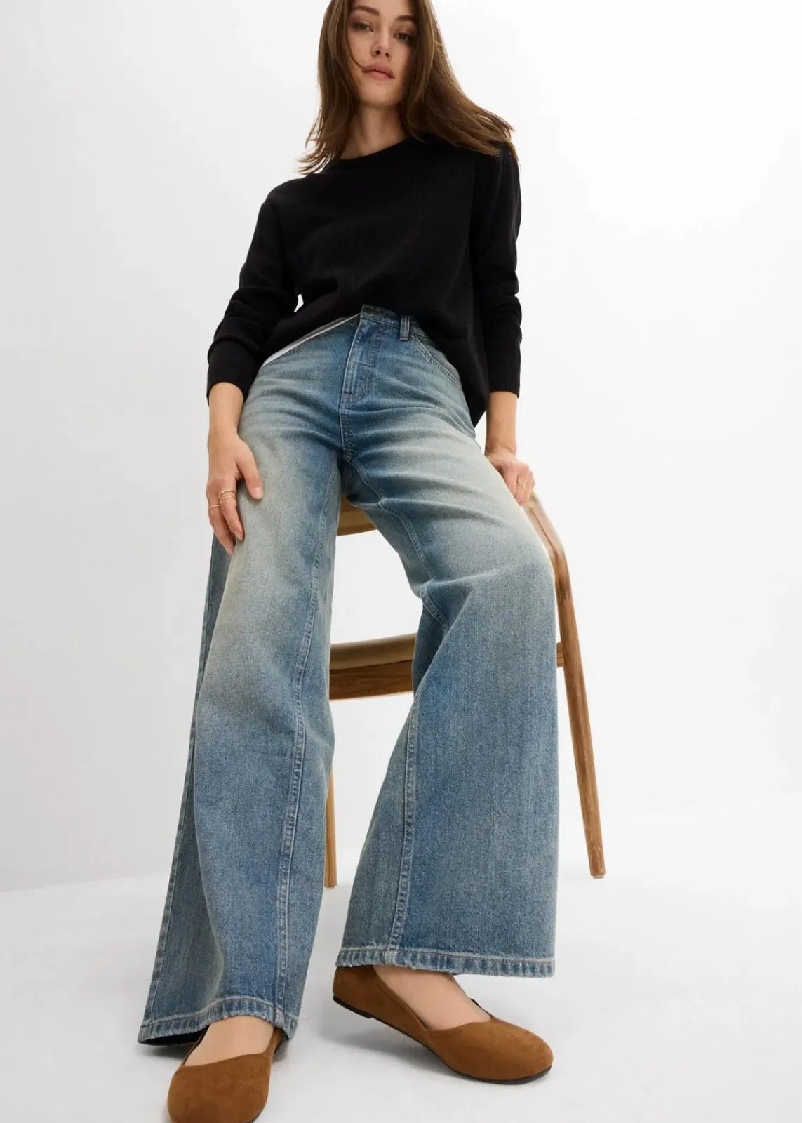bonprix Jeans|Bekleidung·Shirts & Tops^Wide-Leg-Jeans High Waist hellblau denim used