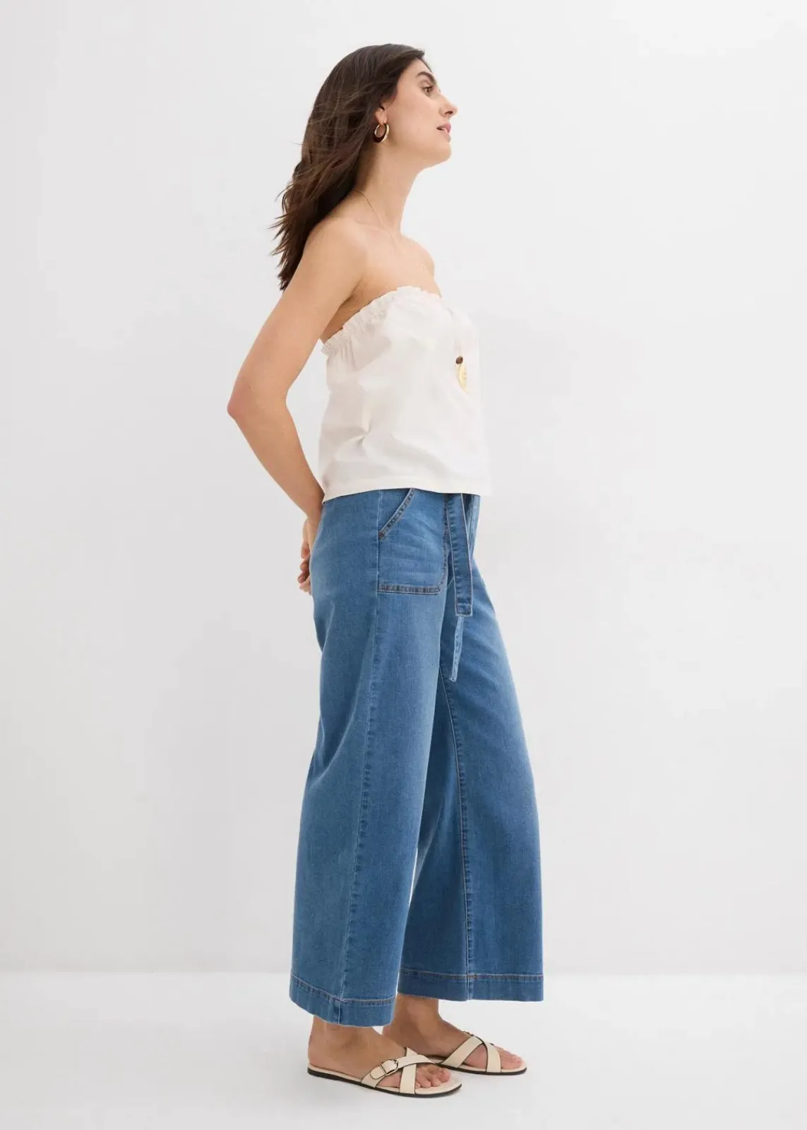 bonprix Jeans|Bekleidung·Shirts & Tops^Wide-Leg-Jeans High Waist, Bequembund cropped hellblau denim used