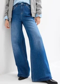 bonprix Kurzgrößen|Bekleidung·Shirts & Tops^Wide-Leg-Jeans, High Waist, Full Length Bequembund blau denim used