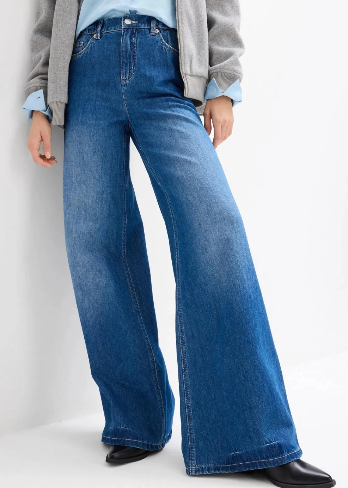 bonprix Kurzgrößen|Bekleidung·Shirts & Tops^Wide-Leg-Jeans, High Waist, Full Length Bequembund blau denim used