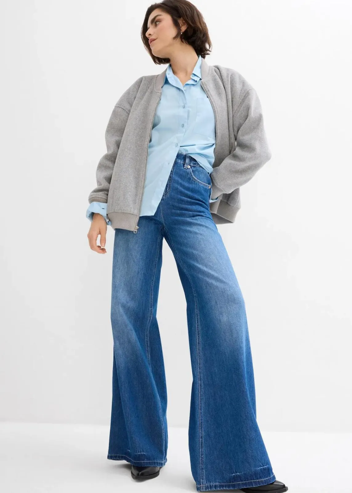 bonprix Kurzgrößen|Bekleidung·Shirts & Tops^Wide-Leg-Jeans, High Waist, Full Length Bequembund blau denim used