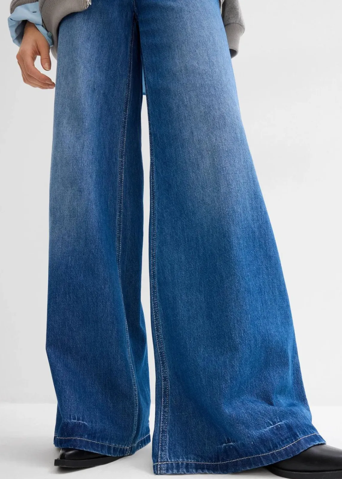 bonprix Kurzgrößen|Bekleidung·Shirts & Tops^Wide-Leg-Jeans, High Waist, Full Length Bequembund blau denim used
